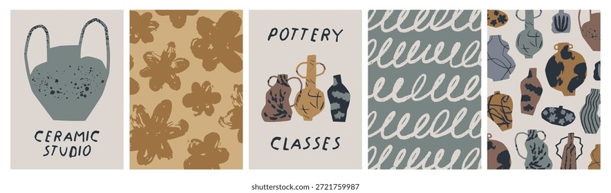 Ceramics poster set. Handmade pottery, earthenware, ceramic vases, floral pattern, doodles and scribbles backgrounds, textures. Modern craft, vertical card designs. Flat vector illustration