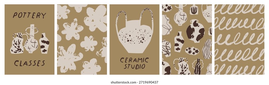 Cerámica, conjunto de carteles. Artesanía de cerámica y cerámica, diseños de tarjetas artesanales en estilo moderno. Vajilla dibujada a mano, jarrones, texturas ásperas, patrones abstractos, garabatos, garabatos. Ilustración vectorial plana