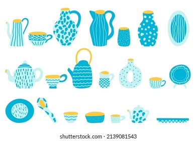 Ceramics, pottery kitchenware collection . Dishes, pot, cup, mug, spoon, plate, jug, bowl isolated on white. Hand drawn vector set. Flat design.