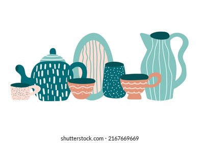 Ceramics, pottery kitchenware collection . Dishes, pot, cup, mug, spoon, plate, jug, bowl isolated on white. Hand drawn vector set. Flat design.