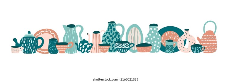 Cerámica, colección de utensilios de cocina de cerámica. Platos, olla, taza, tazón, cuchara, plato, jarra, tazón aislado en blanco. Conjunto de vector dibujado a mano. Diseño plano.