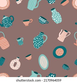 Ceramics, pottery kitchenware seamless pattern. Dishes, pot, cup, mug, spoon, plate, jug, bowl on brown background. Hand drawn vector flat design.