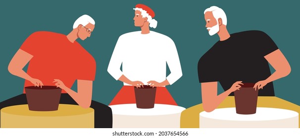 Ceramics or sculpture class, old people. Flat vector stock illustration. Clay crafting. An old master of ceramics. Ceramic pot. Hobbies and leisure. Handicrafts and crafts for the elderly