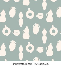 Ceramics Seamless Pattern, Texture, Background, Wallpapers, Endless Ornament, Repeating Print, Geometric. Flat Vector Illustration. Cups, Crockery, Pottery