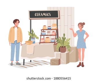 Ilustración plana vectorial de la tienda de cerámica. Hombre feliz con ropas casuales eligiendo y comprando una olla de cerámica brillante para plantas, joven mujer con vestido azul navegando cerámica. Concepto de tienda de cerámica hecha a mano.