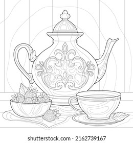 Ceramics teapot, cup of tea, bowl with strawberies, leaves, napkin. Interior, kitchen illustration. For coloring book pages.