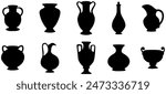 Ceramics vase silhouettes. Different old pottery, decorative vessels, clay pitchers, décor jug. Creative vases shapes in flat style isolated white Background vector set