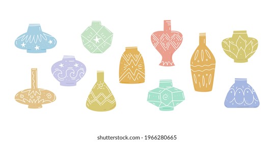 Ceramics vases set. Pottery vases collection in antique and modern style. Hand drawn vector illustration with colorful clay jars icons isolated on white background