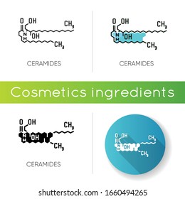 Ceramide icon. Chemical skeletal structure. Scientific formula. Research for dermatology. Lipid molecule. Fatty acid. Linear black and RGB color styles. Isolated vector illustrations