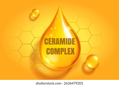 Ceramide liquid drop and molecular structure. Collagen complex with lipid formula for natural skin care. Cosmetic dermatology concept on yellow background. 3D realistic vector EPS10.