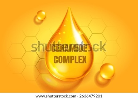 Ceramide liquid drop and molecular structure. Collagen complex with lipid formula for natural skin care. Cosmetic dermatology concept on yellow background. 3D realistic vector EPS10.