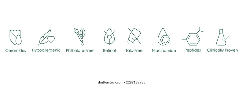 ceramides, hypoallergenic, phthalate free, retinol, talc free, niacinamides, peptides, clinically proven icon set vector illustration 