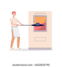 Ceramist burns in stove clay pottery, flat cartoon vector illustration isolated on white background. Pottery workshop working process with cartoon character.