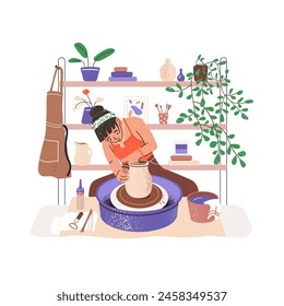 Ceramist creates clay ware on pottery wheel. Potter works in workshop. Young woman goes craft, shaping ceramic pot, making clayware. Creation of crockery. Flat isolated vector illustration on white