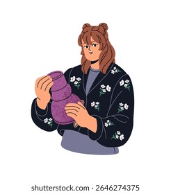 Ceramist does craft, holds crockery, clay vase. Happy girl with crock in hands. Cute woman is making pottery, creates ware with modern shape in art class. Flat isolated vector illustration on white