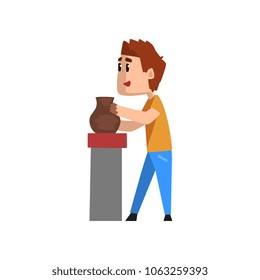 Ceramist man character making ceramic pot, craft hobby or profession vector Illustration on a white background