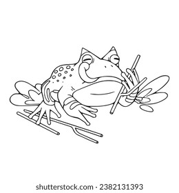 Ceratófrys froggy sentado con ramas. Rana de cuerno, sándwich de sapo salvaje. Animales exóticos, anfibios, fauna de pantano. Naturaleza tropical. Ilustración vectorial lineal aislada sobre fondo blanco