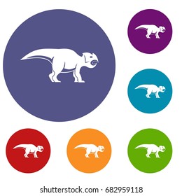Ceratopsians dinosaur icons set in flat circle red, blue and green color for web