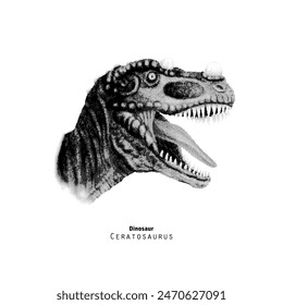 Ceratosaurus illustration. Growling dinosaur, open jaw of a predator. Pointillism vector illustration. Black and white