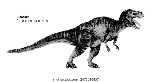 Ceratosaurus illustration. Growling dinosaur, open jaw of a predator. Pointillism vector illustration. Black and white