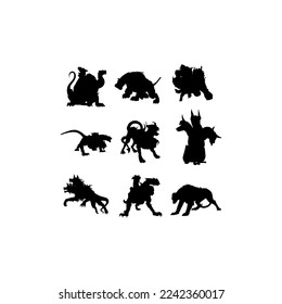 Cerberus animal three head set silhouette icon