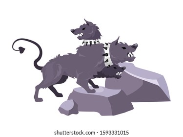 Cerberus flat vector illustration. Mythological creature. Fantastical monster. Greek mythology. Hell guardian. Dog of Hades. Multi-headed hound isolated cartoon character on with background