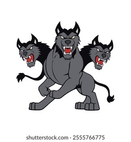 Cerberus Flat Vector Illustration, Three-Headed Dog, Dark Fur, Muscular Body, Minimalist Look, Snarling Heads, Clean Lines, White Background