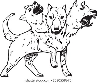 Cerberus - hand drawn vector illustration of mythological guard hound of hell with three heads