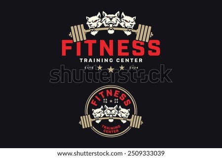 cerberus head, hell hound mythological, three-headed dog with power bar or barbell logo design for fitness, gym, bodybuilding, weightlifting club