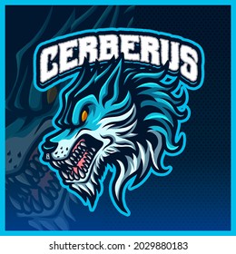 Cerberus Head Hellhound mascot esport logo design illustrations vector template, wolf fang animal logo for team game streamer youtuber banner twitch discord, full color cartoon style