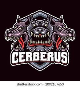 Logotipo de la mascota de la cabeza del Cerberus para el deporte y el puerto aislado en fondo oscuro