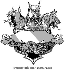 Cerberus hell hound and angry snake. Mythological three headed dog the guard of entrance to hell. Hound of Hades. Heraldic template with ribbon scroll. Shirt or tattoo design.  Graphic style vector