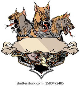 Cerberus hell hound and angry snake. Mythological three headed dog the guard of entrance to hell. Hound of Hades. Logo, banner, emblem with ribbon scroll. Tattoo, Shirt design template. Vector 