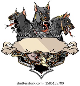 Cerberus hell hound and angry snake. Mythological three headed dog the guard of entrance to hell. Hound of Hades. Logo, banner, emblem with ribbon scroll. Tattoo, Shirt design template. Vector