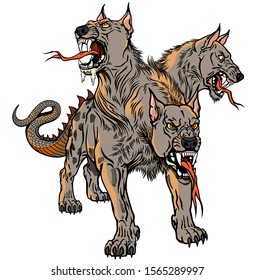 Cerberus hellhound Mythological three headed dog the guard of entrance to hell. Hound of Hades. Isolated tattoo style vector illustration svg