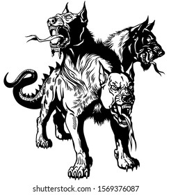 Cerberus hellhound Mythological three headed dog the guard of entrance to hell. Hound of Hades. Isolated tattoo style black and white vector illustration svg