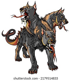 Cerberus hellhound Mythological three-headed dog the guard of the entrance to hell. Hound of Hades a black beast of the underworld. Standing pose, front view. Isolated vector illustration svg