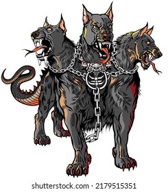 Cerberus hellhound Mythological three-headed dog the guard of the entrance to hell. Hound of Hades with chain on his neck. Standing pose, front view. Isolated vector illustration svg