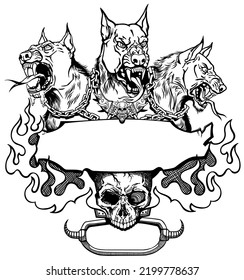 Cerberus hellhound a mythological three-headed dog the guard of the entrance to hell. Hound of Hades with chain on his neck. Design template with a human skull and fire flames.  Black and white