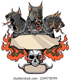 Cerberus hellhound a mythological three-headed dog the guard of the entrance to hell. Hound of Hades with chain on his neck. Design template with a human skull and fire flames.  Vector illustration svg