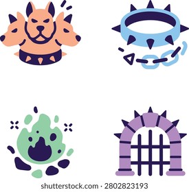 Cerberus Mythology Icon Set with Hellfire Spiked Collar and Iron Gate