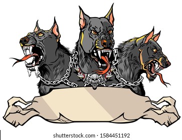 Cerberus supernatural hound of Hell. Mythological three headed dog the guard of entrance to hell. Hound of Hades. Logo, banner, emblem with ribbon scroll. Shirt design template. Graphic style vector svg