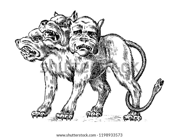 サーベロス3頭の犬 神話上のギリシャのアンティークモンスター 神話動物 古いビンテージスタイルの幻想的な生き物 手描きの古いスケッチ のベクター画像素材 ロイヤリティフリー