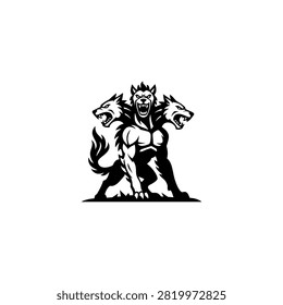 Cerberus three headed dog vector mascot logo, aggressive mythical hellhound black silhouette illustration