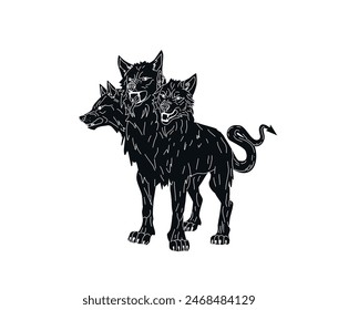 Cerberus vector illustration. Multi-headed dog. Mythical creature. A dog with three heads. Terrible monster. Creature from Greek mythology.  Fantastic character.