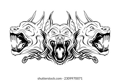 Cerberus. Vector illustration of a sketch multi-headed dog, guarding the gates of the underworld of shadows, preventing the souls of the dead from leaving it. Greco-Roman mythology svg