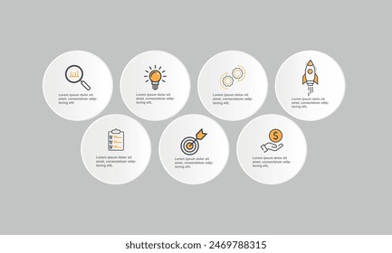 Cercle Business infographics template. Presentation with 7 steps, options, squares. Vector template.
