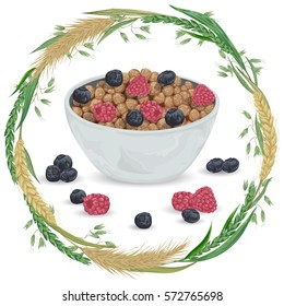 Cereal balls in bowl with raspberry, blueberry and wreath with cereals. Barley, wheat, rye and oat. Healthy breakfast. Isolated elements. Hand drawn vector illustration