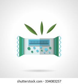 Cereal bar in green pack. Organic and vegetarian desserts. Flat color style vector icon. Web design element for site or mobile application.