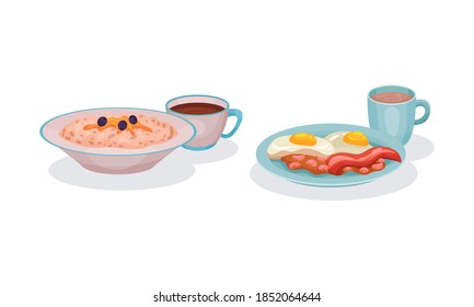 Cereal with Berries and Scrambled Eggs with Stewed Beans Served on Plate Vector Set